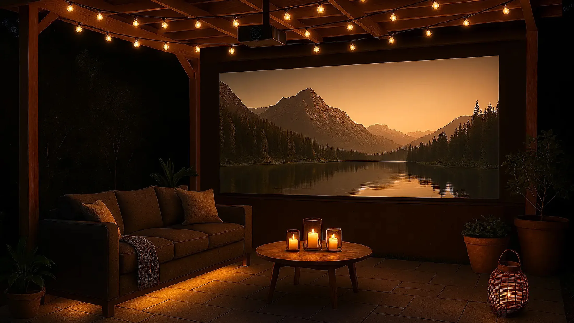 Covered patio at dusk with string lights, a sofa, candles and a large outdoor screen showing a mountain lake
