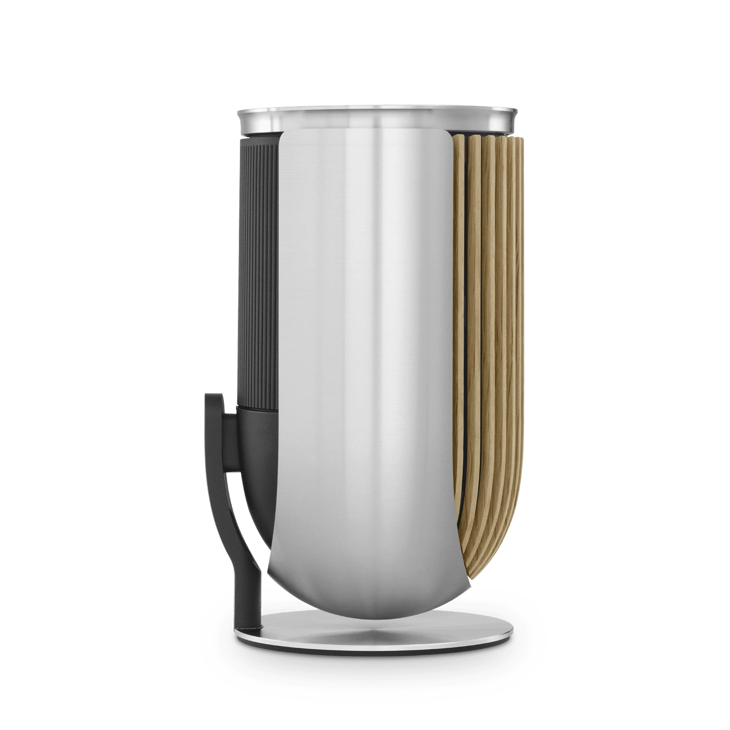 Product image of a Beolab 8 speaker on table stand in Natural aluminium with a Oak wooden cover, left side